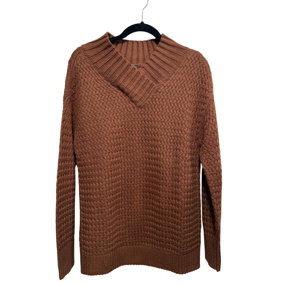 Talbots Womens S Brown Textured‎ Basketweave Knit V Neck Sweater Pullover Small